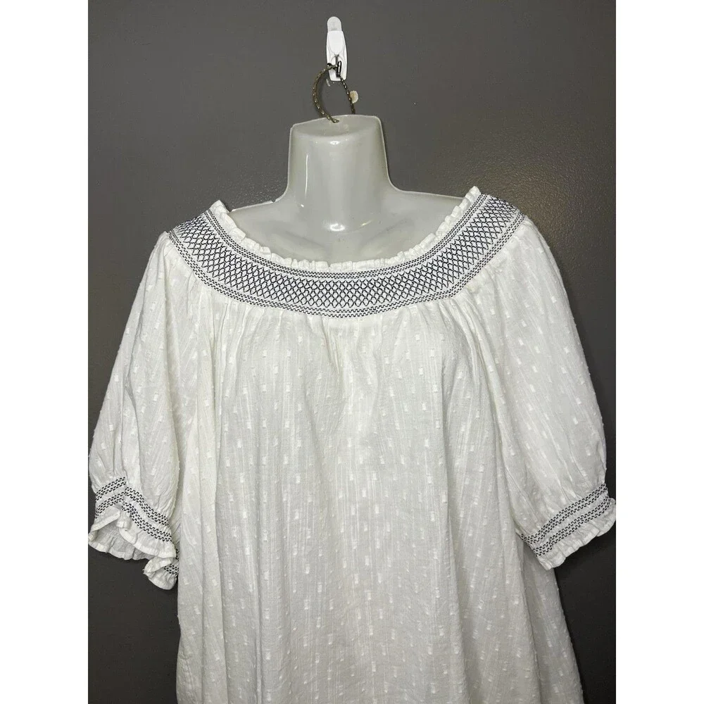 Old Navy Blouse Womens XL White Embroidered Swiss Dot Puff Sleeve Tunic Top